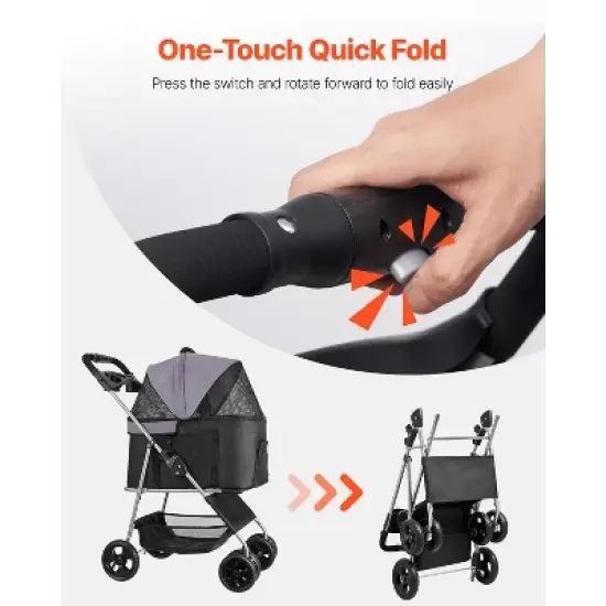 VEVOR Pet Stroller, 35 lbs Weight Capacity, Foldable Dog Stroller Cart, 4 Wheels Cats Pram with Detachable Carrier & Mesh Windows, Black image {6}