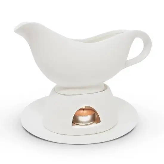 KOVOT 12 Ounce Gravy Boat, Warming Stand & Tray | Ceramic White Gravy Dish With Tealight Warming Option image {6}