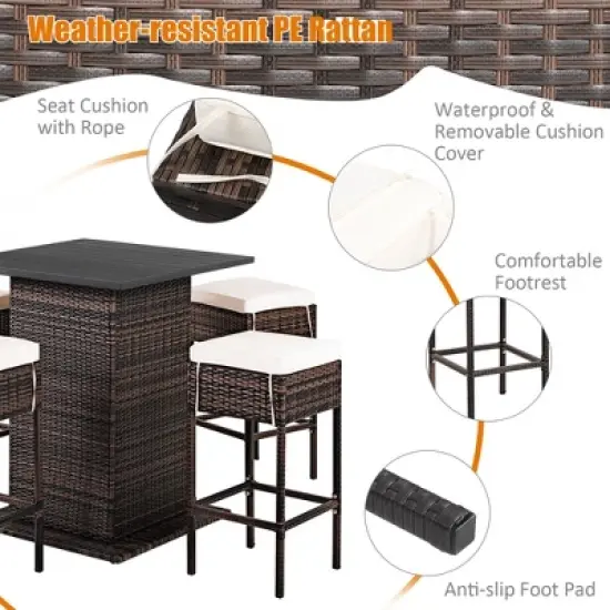 Costway Patio 5PCS Rattan Bar Table Stool Set Hidden Storage Shelf Cushioned image {6}