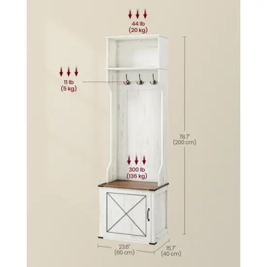 VASAGLE Hall Tree with Bench and Shoe Storage, Coat Rack with Shoe Bench, Entryway Furniture, 3 Tri-Hooks, Door with Handle, Rustic White image {4}