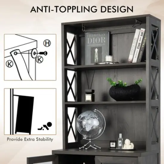 Costway Tall Freestanding Bar Cabinet Kitchen Buffet w/ Glass Holder & Adjustable Shelf image {6}