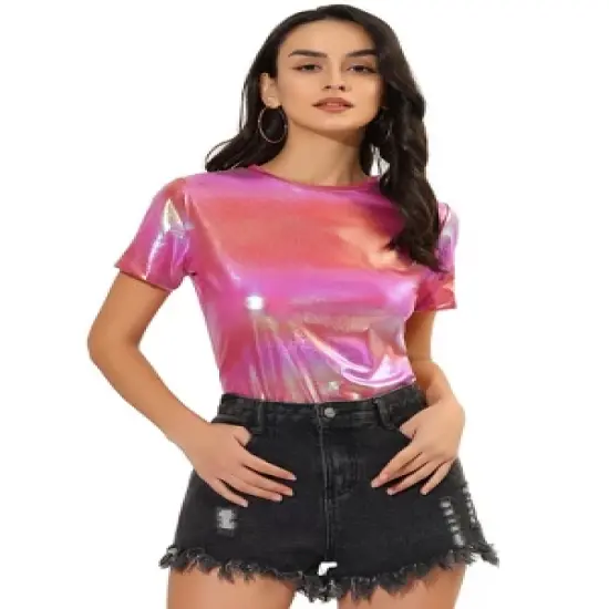 Allegra K Women's Party Metallic Textured Short Sleeve Shiny T-shirts image {11}