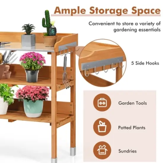 Costway Garden Wooden Potting Bench Work Station Table Tool Storage Shelf W/Hook image {6}