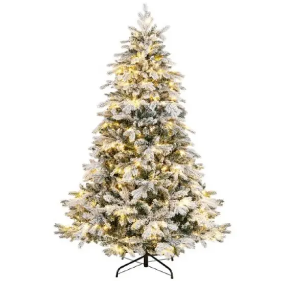 Costway 4.5FT/6FT/7 FT Pre-Lit Flocked Christmas Tree Hinged w/ 120/260/300 LED Lights & 757/1415/1687 Branch Tips image {11}
