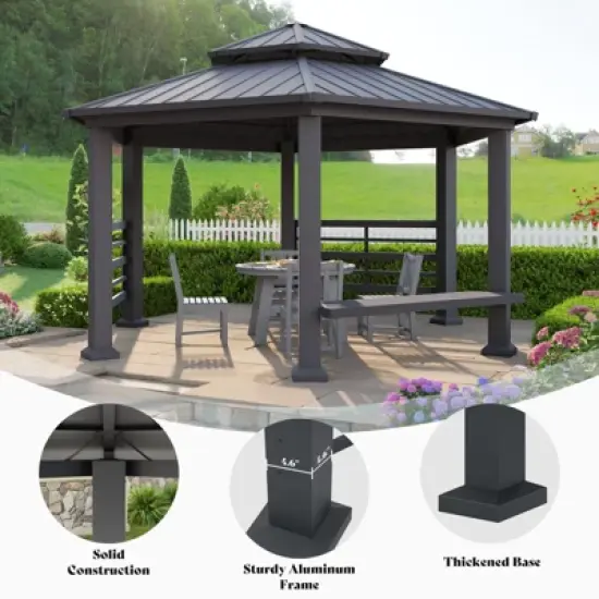 AMERLIFE 13x15FT Hardtop Hexagon Gazebo, Double-Tier Pavilion with Bench, Patio/Garden/Backyard image {7}