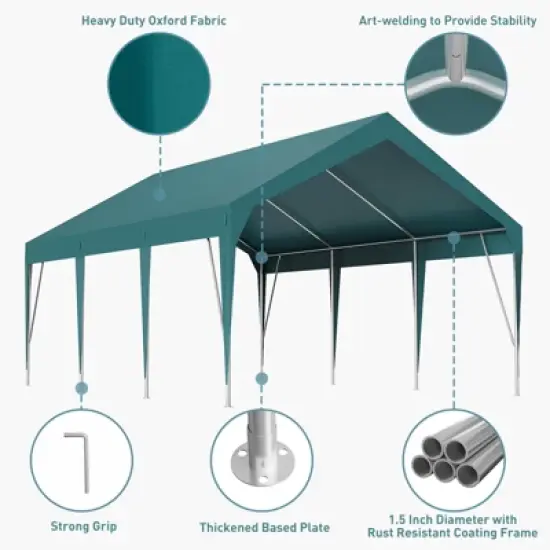 Carport Replacement Canopy Cover 13 x 20 ft, Garage Top Tent Shelter Tarp Heavy-Duty Waterproof & UV Protected, Easy Installation with Ball Bungees image {1}
