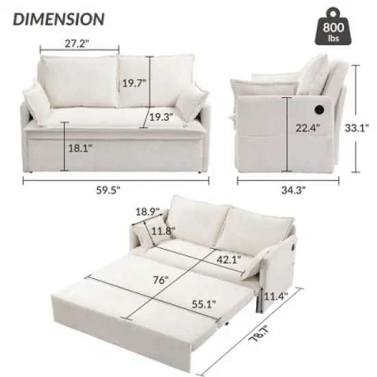 NicBex Convertible Pull Out Sofa Bed Loveseat Couch with Charging Ports & Side Storage,Chenille Fabric Sleeper Sofa for Living Room,Bedroom,White59.5" image {4}