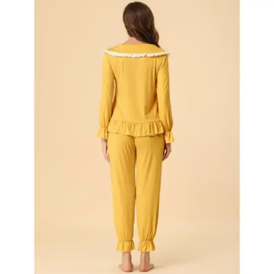 Allegra K Women's Sleepwear Lounge Peter Pan Collar Long Sleeve Ruffle Pajama Set image {4}