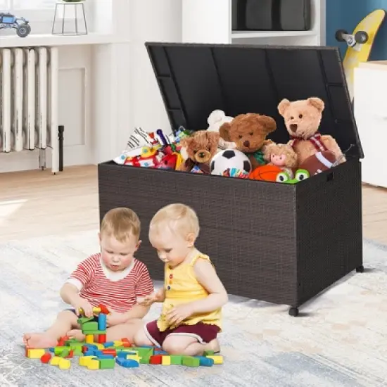 Costway 133 Gallon Patio Rattan Storage Deck Box Container Wheel Handle W/Liner image {4}