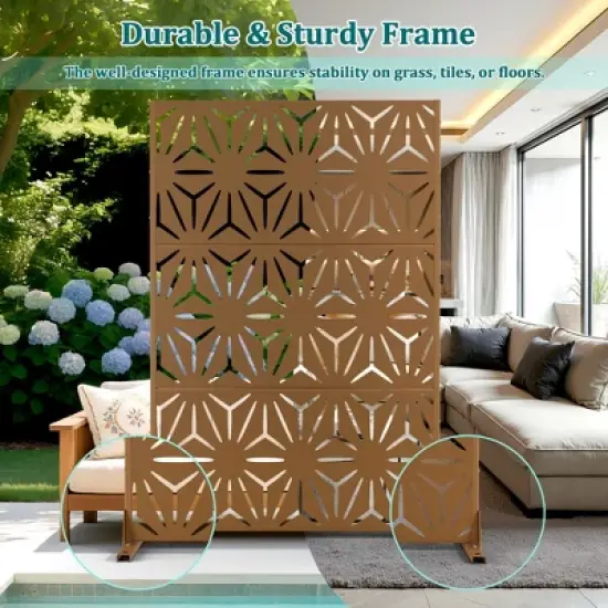 TOAOTBNBO Metal Privacy Screen with Stand, Decorative Privacy Fence Panels with Star Pattern, Outdoor Privacy Screen for Garden, Brown image {3}