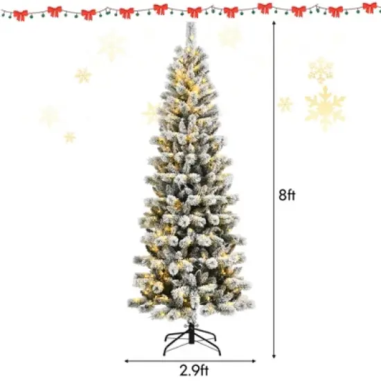 Costway 8FT Pre-Lit Hinged Christmas Tree Snow Flocked w/ 9 Modes Remote Control Lights image {2}