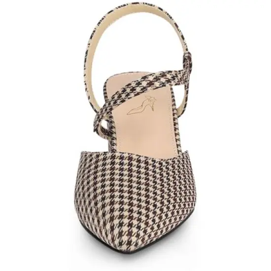Perphy Houndstooth Printed Pointed Toe Slingback Chunky Heels Mules for Women image {1}