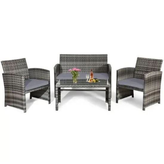 Tangkula Set of 4 Patio Wicker Conversation Furniture Set Sofa & Table Set w/4 Seats Outdoor Rattan Sofa Set Mix grey image {4}