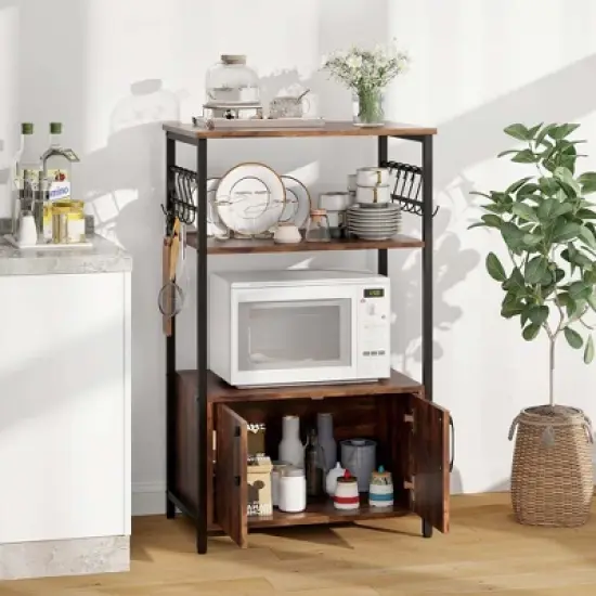 Costway 3-Tier Kitchen Baker&rsquo;s Rack with Cabinet 2 Open Shelves 10 S-Shaped Hooks image {3}