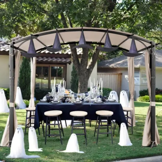 Bigget Steel 10x10ft Outdoor Pergola with Sidewalls-Arched Top, Beige image {4}