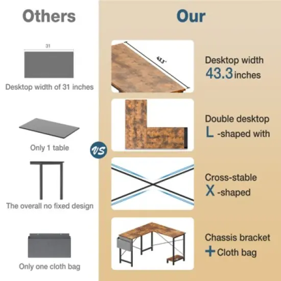 INFURNIC Desks L Shaped Gaming Desk, Reversible Standing Desk with Storage Side Bag, Wooden Corner Computer Table for Home Office, Brown 49 Inch image {2}