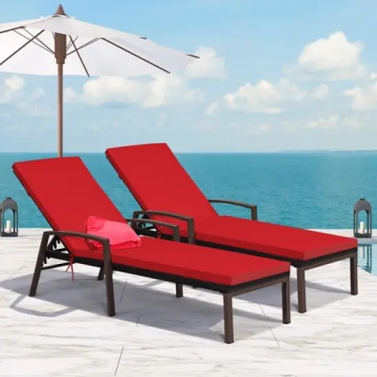 Costway 2PCS Patio Rattan Lounge Chair Chaise Recliner Back Adjustable Cushion image {10}