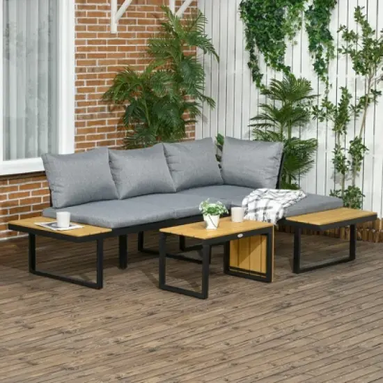 Outsunny 3 Piece Patio Furniture Set, Outdoor Sofa Set with Chaise Lounge & Loveseat, Soft Cushions, Woodgrain Plastic Table, L-Shaped Sectional, Gray image {2}