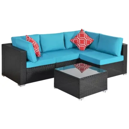 5pc Wicker Patio Sectional Seating Set with Cushions - Espresso/Blue - GODEER image {4}
