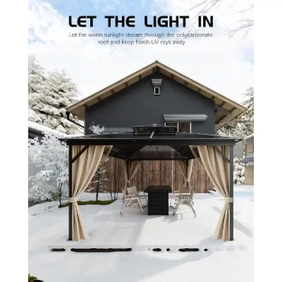 12'x16' Hardtop Gazebo, Outdoor Polycarbonate Double Roof Canopy, Aluminum Frame Pergola with Curtains and Netting for Garden, Patio, Lawns, Khaki image {1}