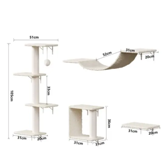 SEVOBAL Pet Tower Light Wall-Mounted Cat Climbing Set, 4-Piece Space-Saving Shelves with Scratching Posts for Indoor Cats, Beige, 13.7"*14.6"*9.5" image {2}