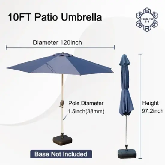 Syemin Outdoor Patio Umbrella with 8 Sturdy Ribs, Push Button Tilt and Crank, Waterproof, UV-Resistant Uitable for Garden, Blue, 120"*120"*97.2" image {1}
