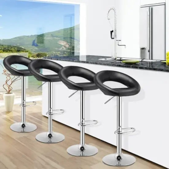Costway Set of 4 Adjustable Bar Stools Swivel Pub Chairs Barstools PU Leather White/Black image {2}