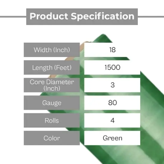 PSBM 4 Rolls, Tinted Green, 18 in. x 1500 Ft. 80 Gauge, Cast Hand Pallet Stretch Wrap image {3}