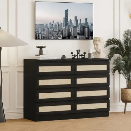 8 Drawer Double Dresser for Bedroom, Rattan Chest of Dressers, Modern Wooden Dresser Chest image {2}