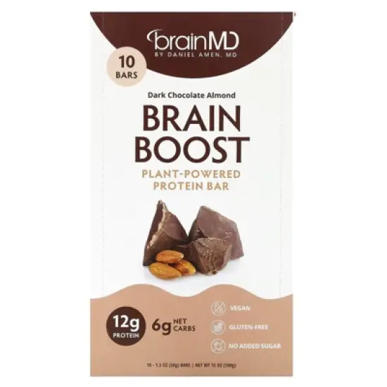 BrainMD Brain Boost, Plant-Powered Protein Bar, Dark Chocolate Almond, 10 Bars, 1.5 oz (50 g) Each image {5}