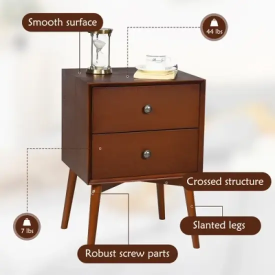 Costway 2PCS Nightstand Mid-Century End Side Table 2 Drawer Rubber Wood Legs Living Room image {6}