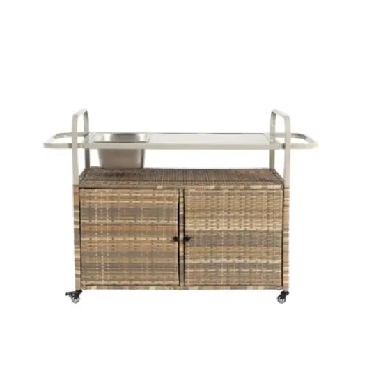 Outdoor Bar Table With One Ice Bucket, Lockable Wheels, Side Basket For Garden, Wicker Bar Cart With Cabinet, Bar Cart Outdoor-Cuddlewood image {1}