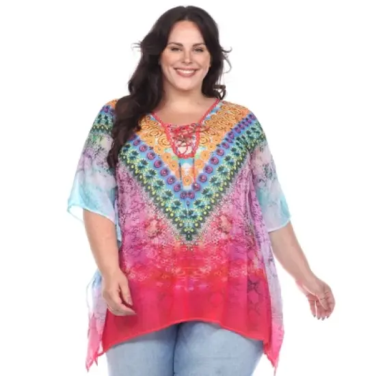 Plus Size Animal Print Caftan with Tie-up Neckline - One Size Fits Most Plus - White Mark image {8}