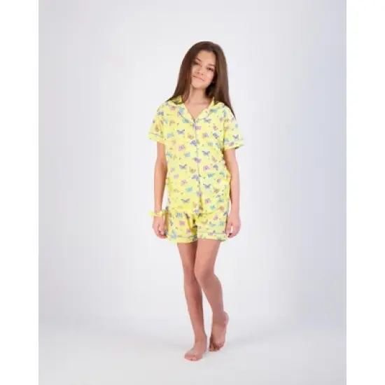 Sleep On It 2-Piece Girl's Pajama Shorts Set Featuring Multicolored Butterflies with Matching Scrunchie - Yellow Girls Sleepwear Set image {3}