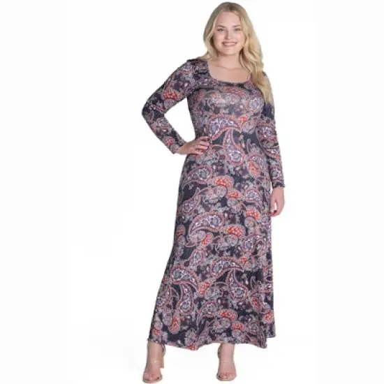 Womens Plus Size Long Sleeve Black Paisley A Line Maxi Dress image {4}