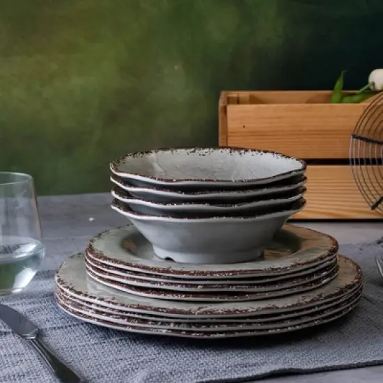 Itopfox Farmhouse Melamine Dinnerware Set, 12-Piece Rustic Plates and Bowls for Picnic, Camping, Indoor and Outdoor Use, Dishwasher Safe image {3}