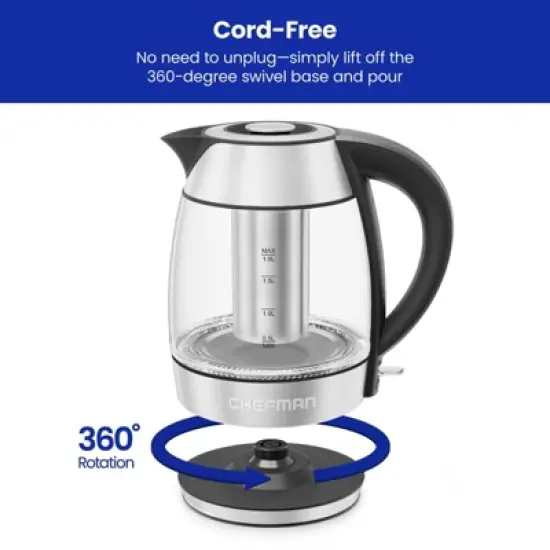 Chefman 1.8L Rapid-Boil Kettle with Keep Warm and Tea Infuser - Stainless Steel: Electric Water Boiler, 1500W, Silver image {7}