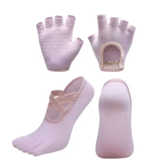 Anna-Kaci Women's Non-Slip Grip Yoga Sock and Fingerless Glove Set with Toe Separation and Ballet Strap Detail image {8}
