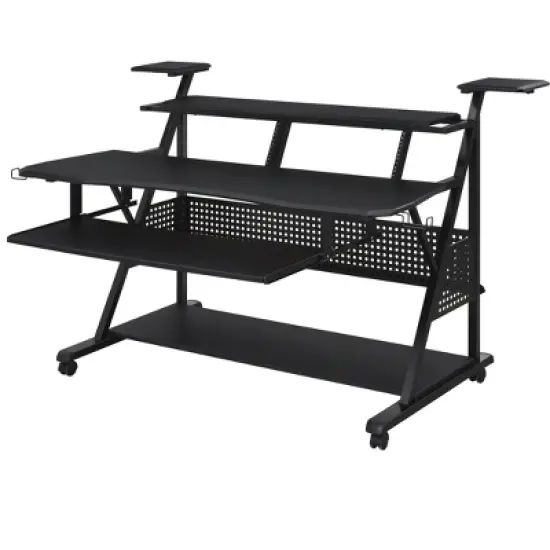 PAGED Computer Desk Modern Simple Music Desk with Open Shelves, Keyboard Tray and Hooks for Work image {4}