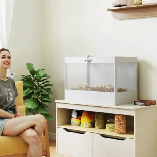 PawHut Hamster Cage with Openable Top, Hut, Seesaw, Ladder, Transparent Acrylic Panel Small Animal Habitat for Dwarf Hamster Gerbil, White image {1}