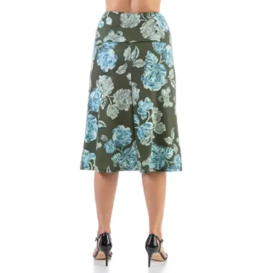 24seven Comfort Apparel Green Floral Elastic Waist Knee Length Skirt image {2}