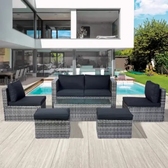 Rbied 6-Piece Wicker Outdoor Sofa Sectional Set Conversation Set with Black Cushions, Smart Storage Design image {8}