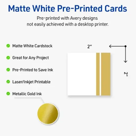 Avery Printable Square Cards, Gold Double-Dipped Edge, 2" x 2", Matte White Square Cards, Laser/Inkjet, 120ct, Great for Business Cards image {1}