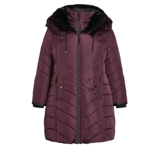 Women's Plus Size Chevron Long Puffer Coat  - Rosewood | AVENUE image {2}