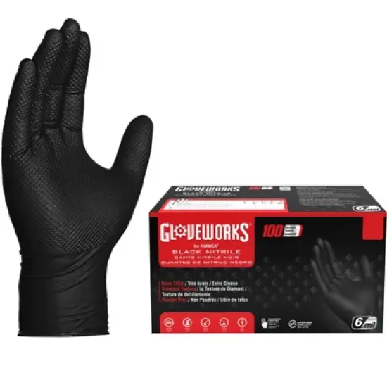 GLOVEWORKS Black Nitrile Gloves with Raised Diamond Texture- Medium Duty, Industrial Grade - Great for Auto Detailing, Food Service, and Cleaning image {7}