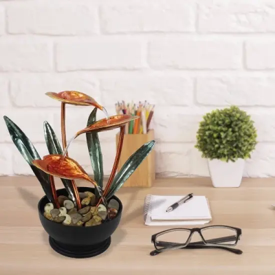 12" Indoor Tropical Floral Tabletop Fountain with Stone-Filled Base Black/Green/Copper - Alpine Corporation image {1}