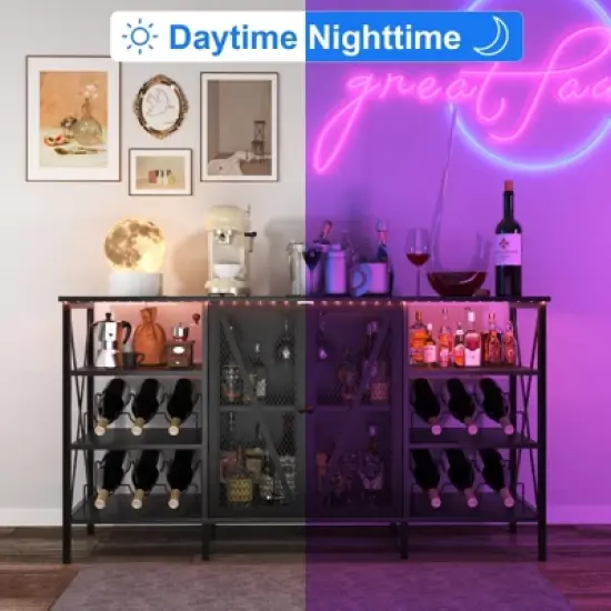 Wine Cabinet with LED Lighting, Metal Sideboard & Stemware Rack, Rustic Buffet Console for Living Room image {7}