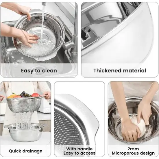 304 Stainless Steel Microporous Colander,2QT Large Capacity with Mixing Bowl For washing vegetables image {5}