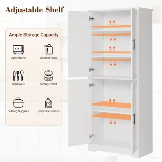 Homhougo 70in Tall Kitchen Pantry Cabinet, Freestanding Storage Cabinet with 4 Doors and Adjustable Shelves, Large Utility Hutch Cupboard White image {5}