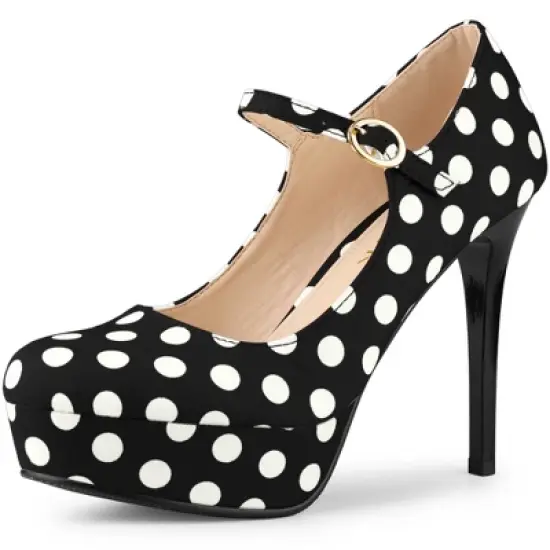 Allegra K Women's Polka Dots Platform Round Toe Ankle Strap Stiletto High Heel Pumps image {6}
